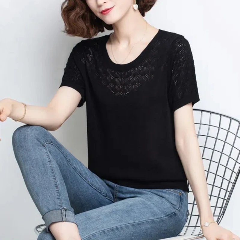 

Temperament Summer New Thin Style Women's Round Neck Solid Color Hollow Out Fashion Elegant Loose Short Sleeve Knitting Tops