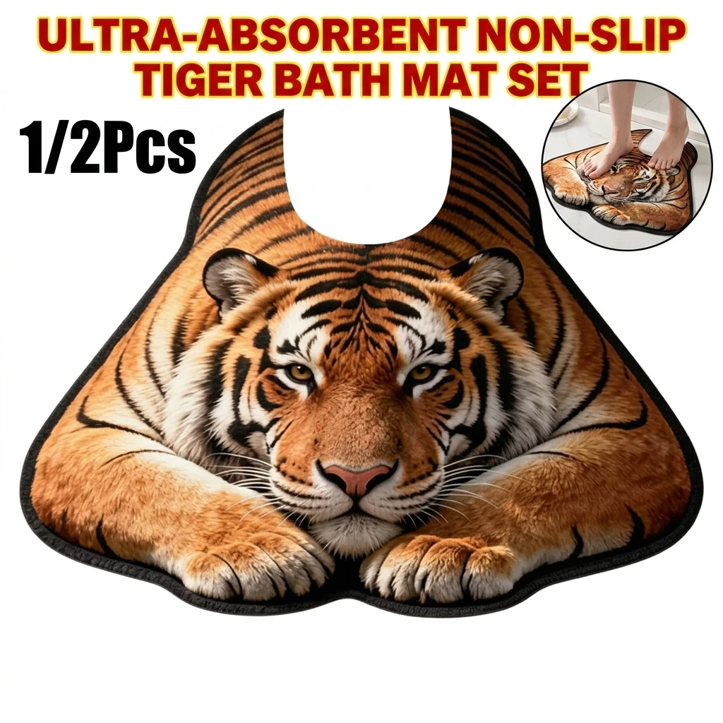 Unique 2D Flat Tiger Diatomaceous Earth U-Shaped Toilet Floor Mat Quick Drying Absorbent Non-Slip Bathroom Mat Dirt Resistant