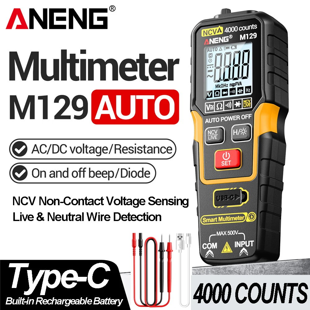 ANENG M129 Wiederaufladbares Digitales Multimeter 4000 Anzeigen NCV AC DC Spannungs- und Widerstandsmessgerät mit Taschenlampe und Auto-Range-Funktion