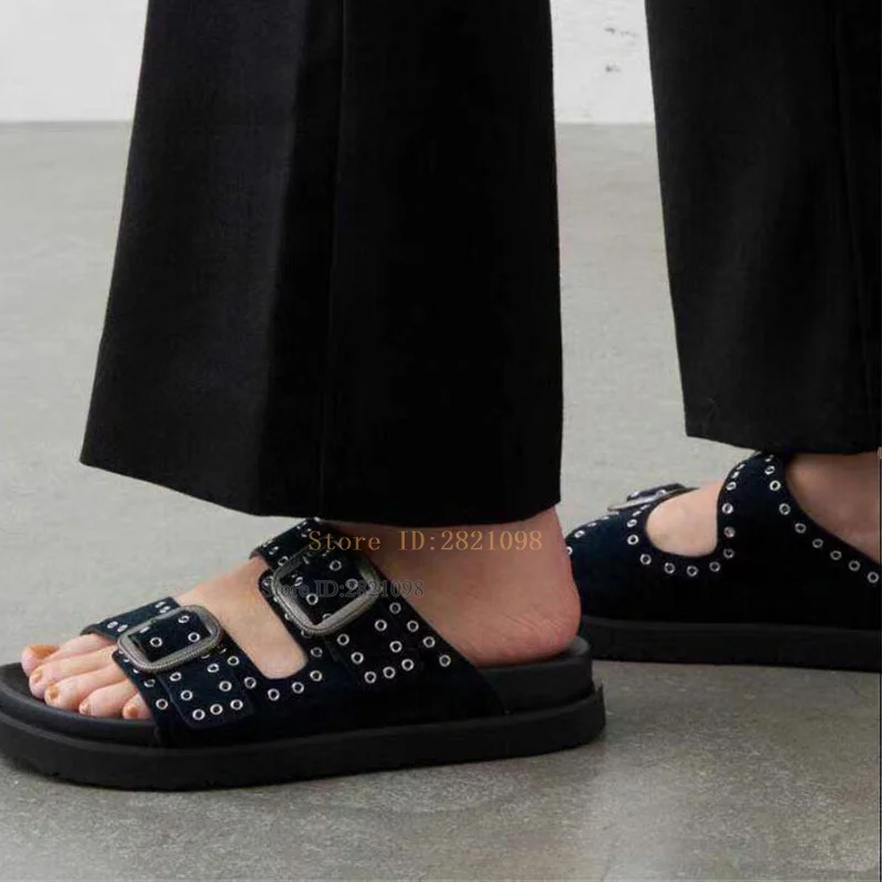 Big Buckle Cut Out Leather Mules Straps Italy Designer Rivet Shoes Women Comfortable Slip On Flats