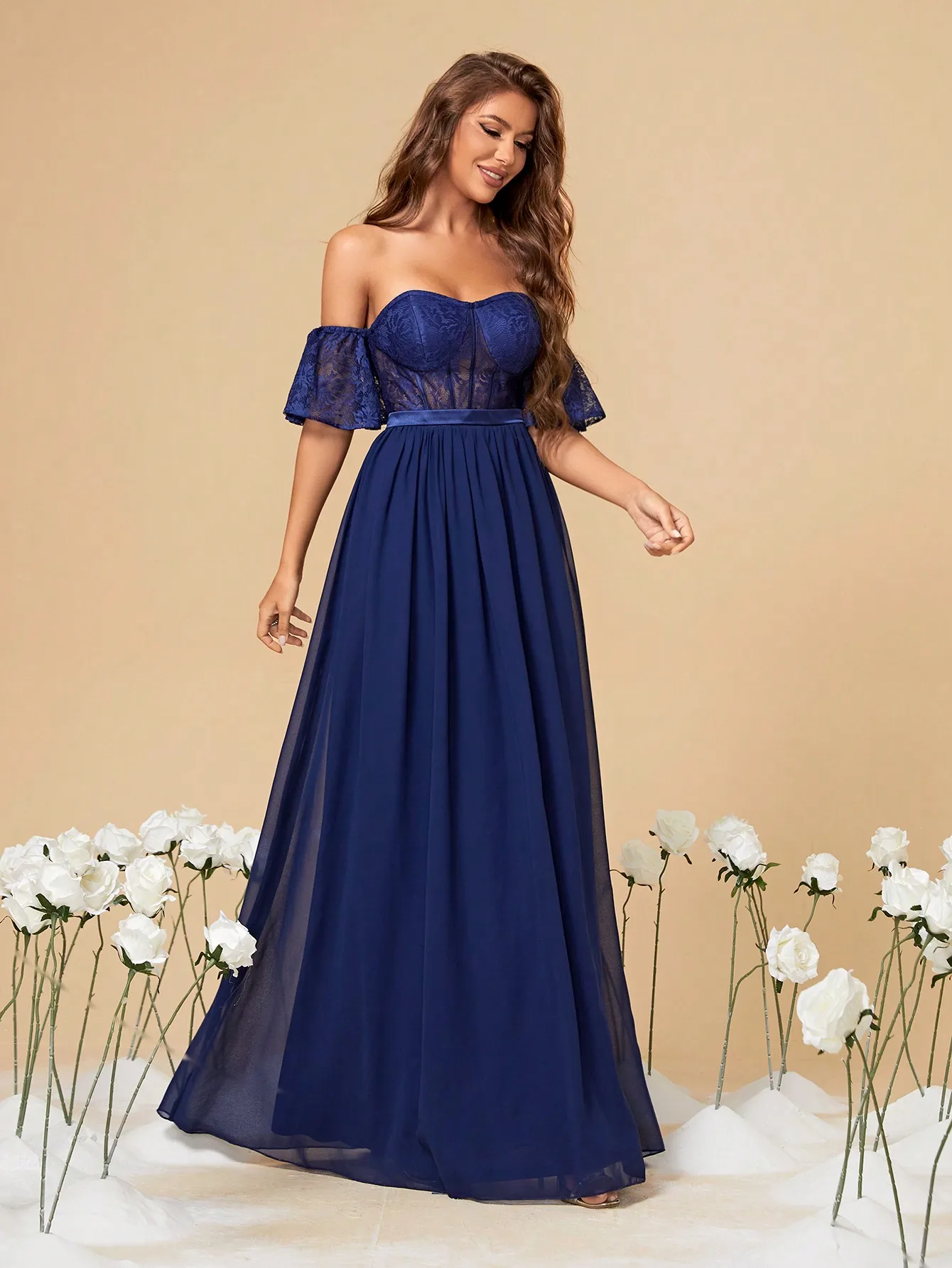 Mgiacy-فستان شيفون بطول كامل من الدانتيل على الصدر بأكمام لوتس ، مرقع ، ثوب سهرة ، فستان حفلة موسيقية ، فستان حفلة موسيقية #5