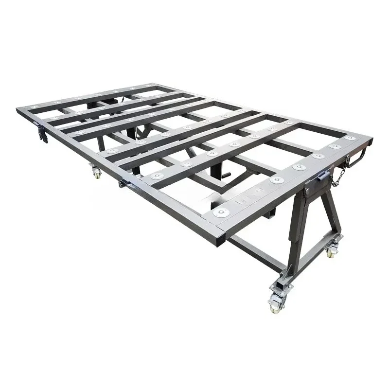 Durable, customizable desktop clamshell assembly door and window product workbench for factory floors and warehouses