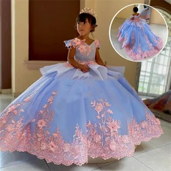 Luxury Blue Pink Flower Girl Dresses For Wedding Princess Ball Gown Lace Appliques Off Shoulder V-Neck kids First Communion Gown