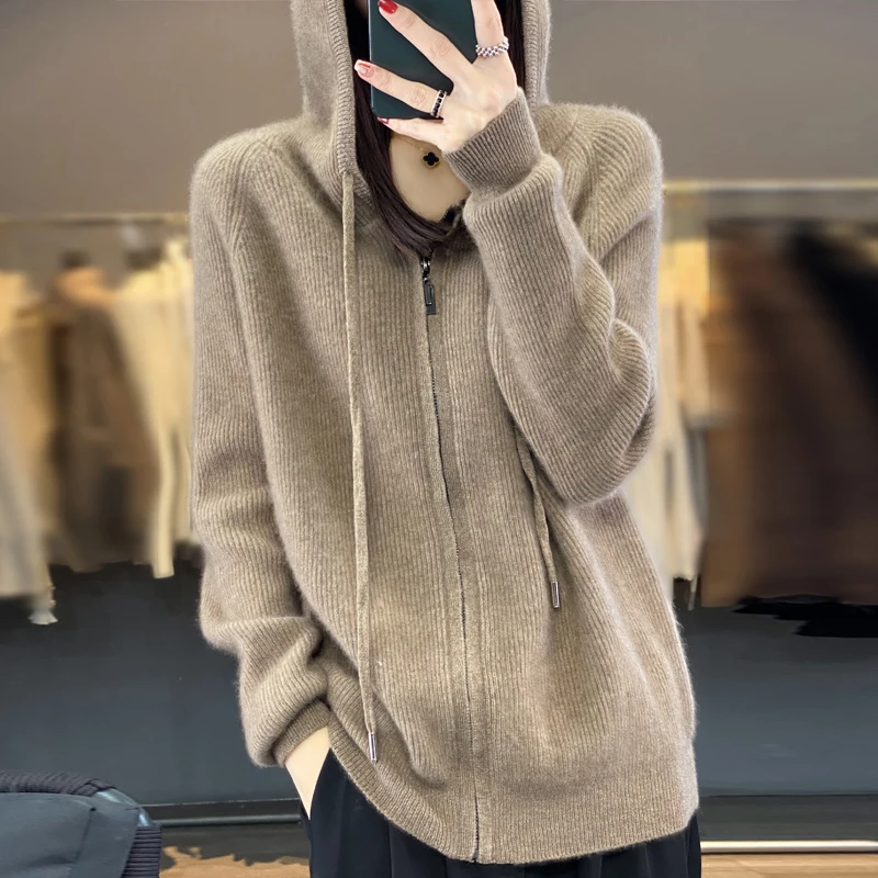 Autumn/Winter New 100% Merino Wool Clothing Women\'s Hooded Zipper Cardigan Casual Loose Knitted Underspool Jacket Korean Tops