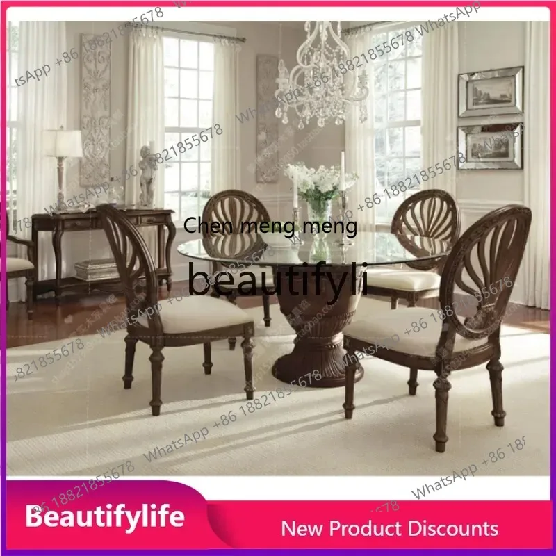 S7486 ss American Style Solid Wood Dining Chair Home Fabric Hollow Vintage Carved Adult Leisure Book Chair Round Back Villa
