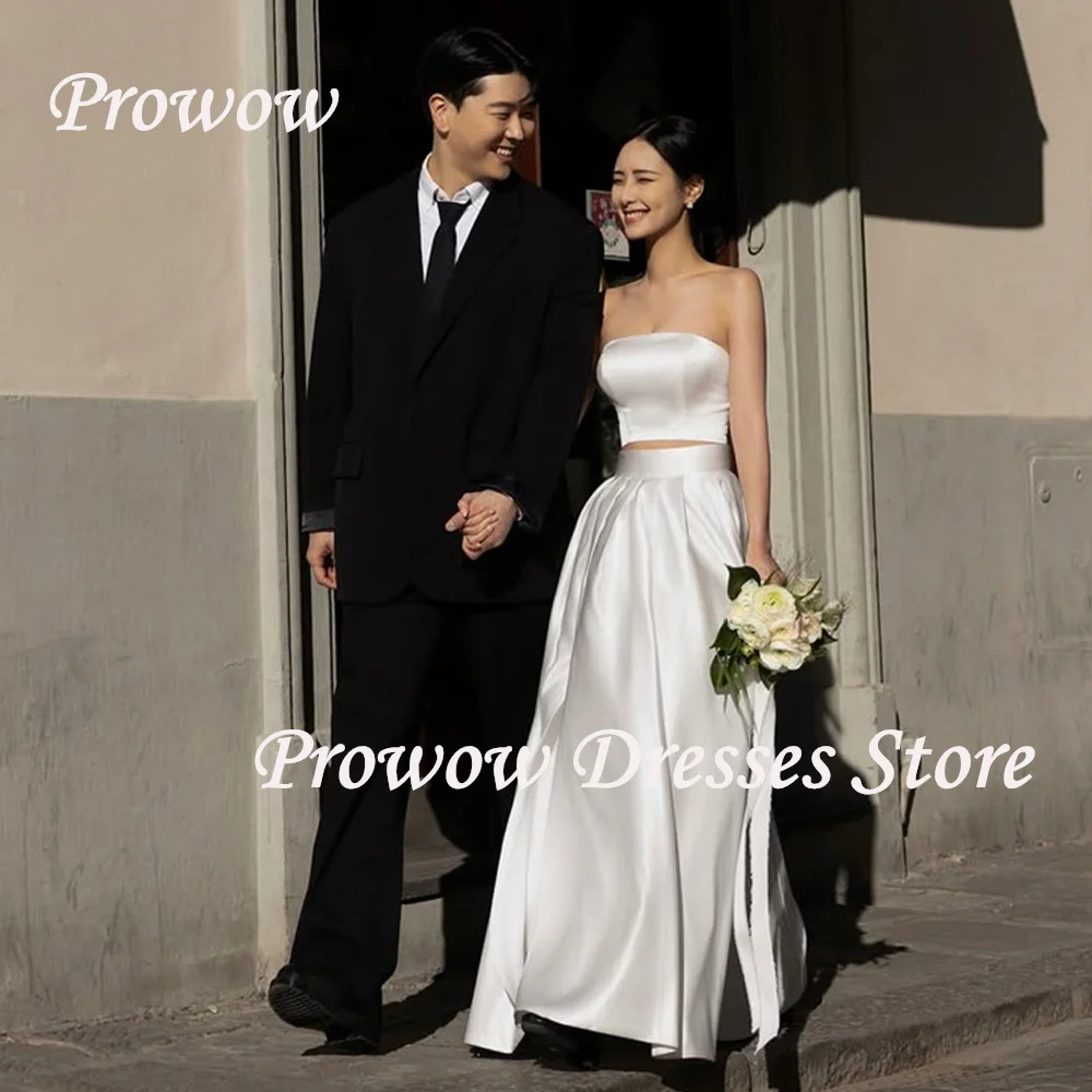 

Prowow Elegant Strapless A Line Wedding Dress Korea Photo Shoot Ivory Floor Length Bridal Gown Pleats Satin Zipper Customized
