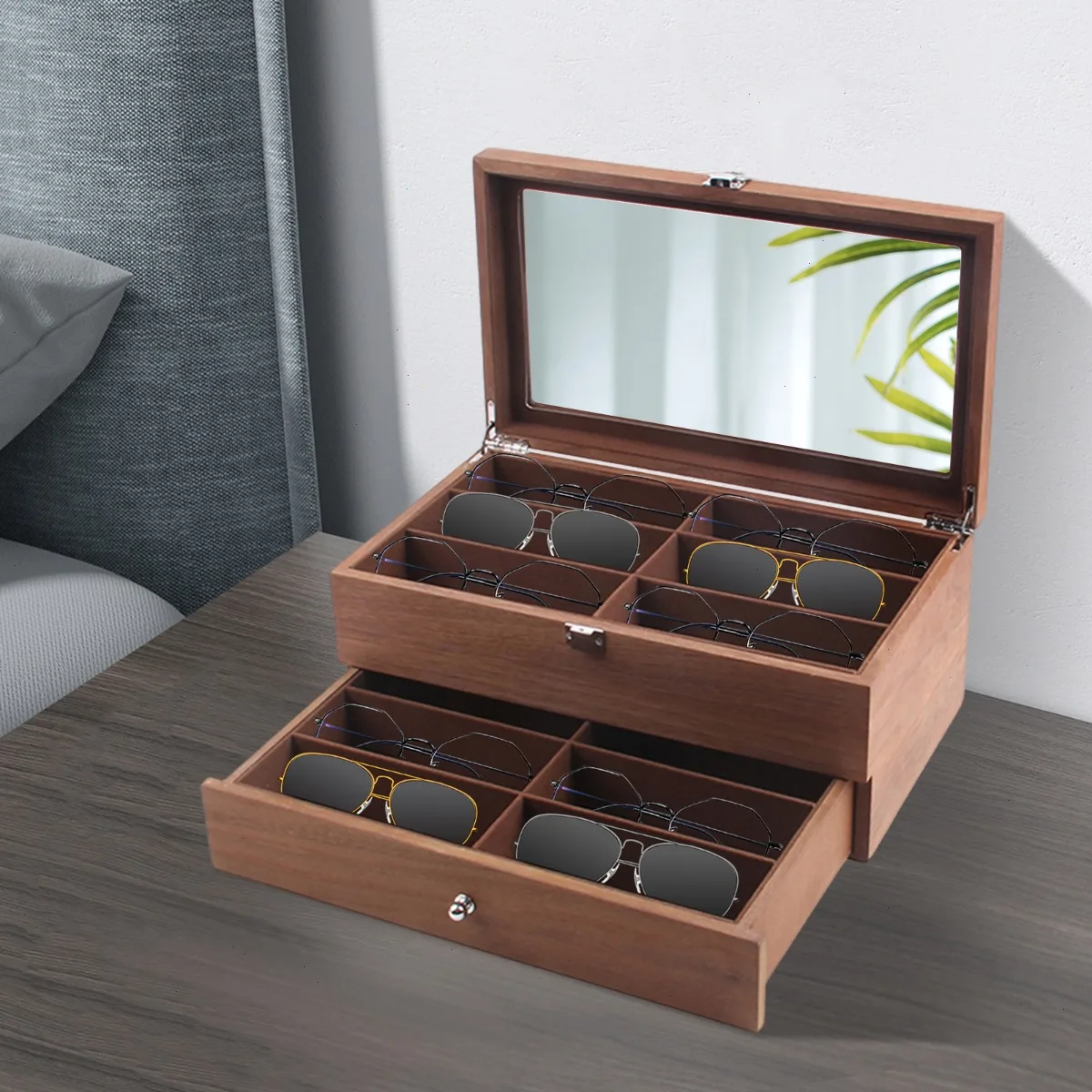 Walnut Wood Sunglasses Box 12 Grid, Vintage Glasses Case with Velvet Lining, Anti Scratch Eyewear Storage Organizer for Men Women
