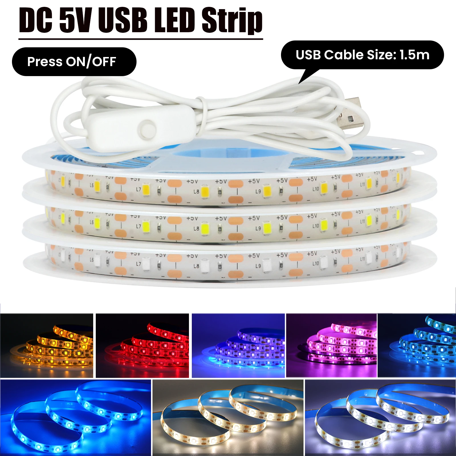 DC 5V usb\'li şerit Led pembe/sarı/beyaz/sıcak beyaz/kırmızı/mavi/yeşil esnek şerit bant arka ışık 50CM 1M 2M 4M 5M