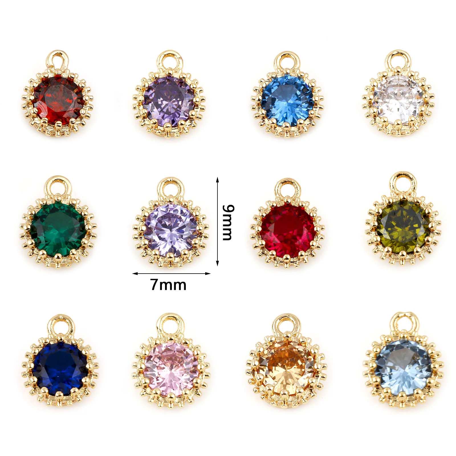 2 Piece Copper Birthstone Charms Round Multicolor Cubic Zirconia Gold Color Metal Pendants DIY Making Earrings Jewelry 9mm x 7mm