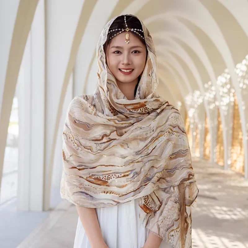 180*90 سنتيمتر الصحراء السفر الذهب طباعة شال المرأة الصيف رقيقة وشاح الشاطئ التستر بوهو شيك وشاح