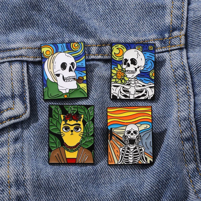 Cuchillo de gato girasol, hoja de depilación fantasma, insignia de Metal gótica, alfileres de solapa Punk, joyería aterradora, pintura al óleo, Pin de calavera estrellada