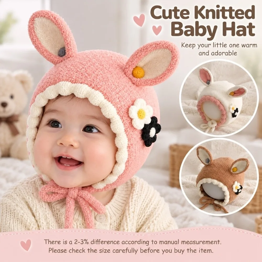 Soft Soft Baby Knitted Hat Warm Lining Bunny Ear Shape Baby Winter Cap Windproof Flower Decor Infant Hat Autumn Winter