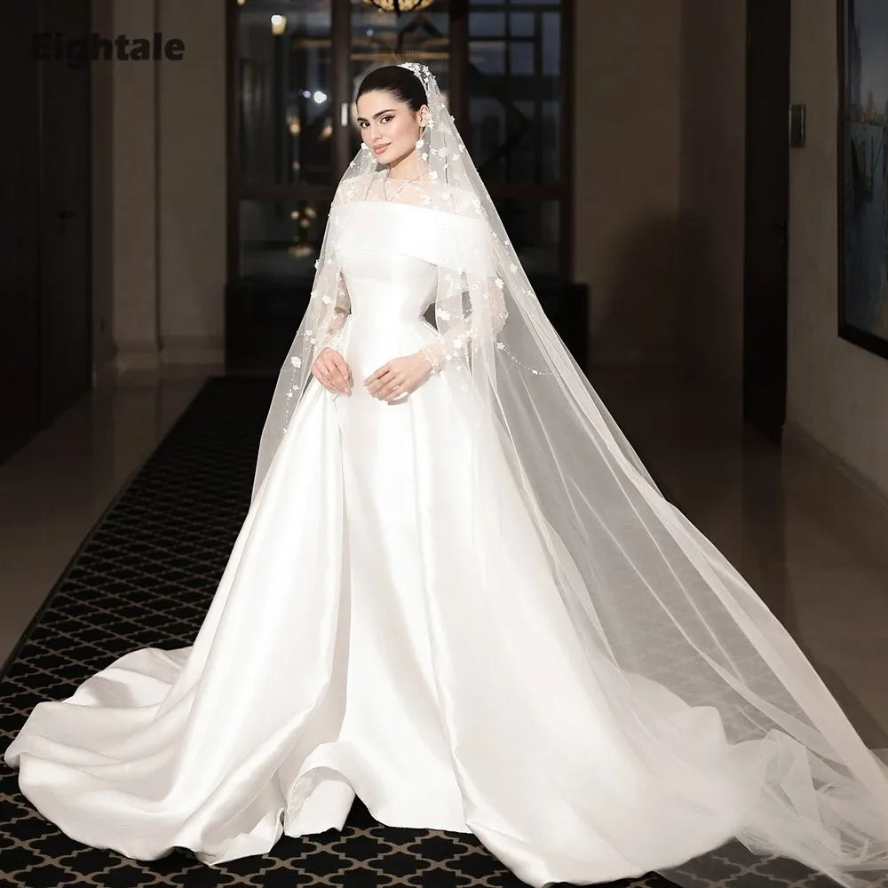 

Eightale Arabic Wedding Dress Customized White Ivory A-Line Long Sleeves Lace Muslim Satin Bridal Gown Robe De Mariée