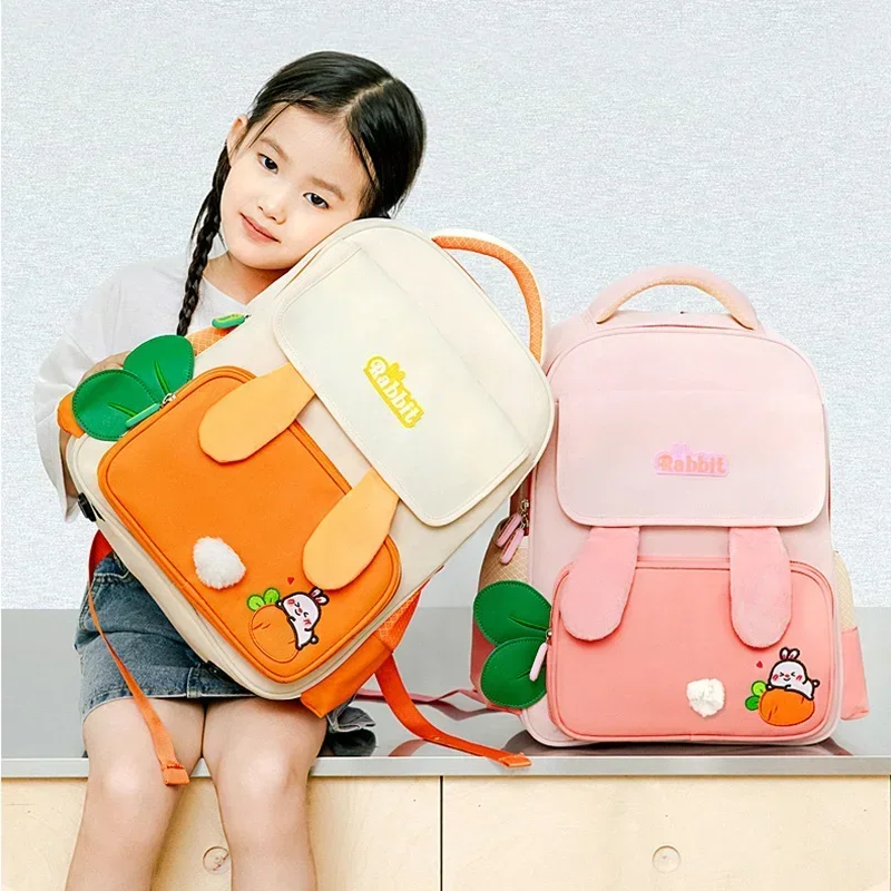 Primary School Girls School Bags Cute Carrot Rabbit Backpacks Pink Orange Purple Book Bag for Kids Children Grade 3-6 Waterproof