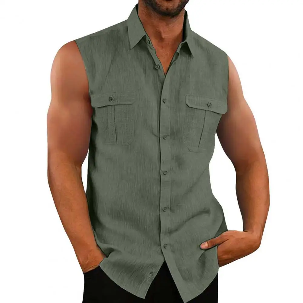 

New Men's Shirts Vest Summer Cotton Linen Tops Solid Color Cardigan Sleeveless Loose Lapel Handsome Men's Shirts Casual Blouse