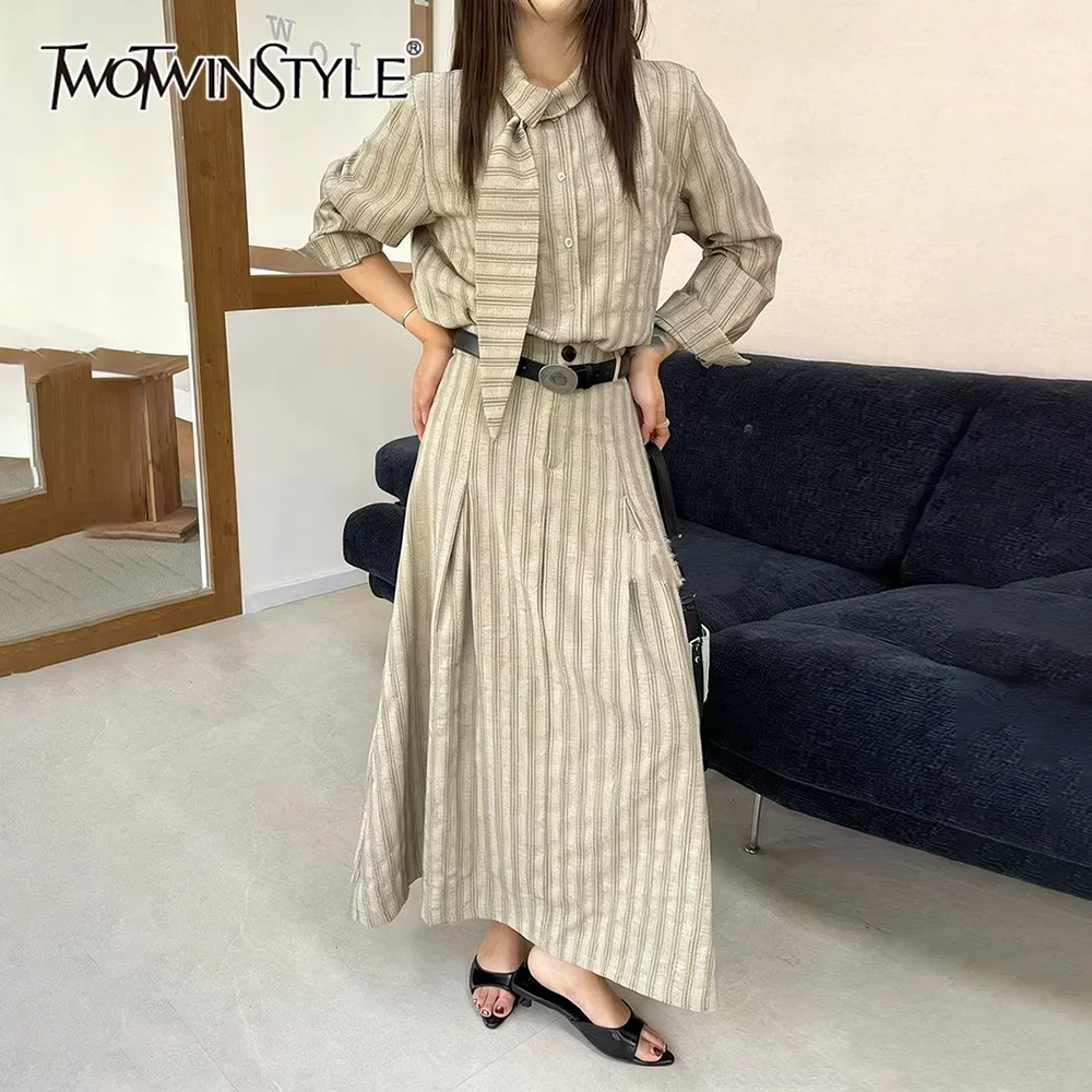 

TWOTWINSTYLE Fashion Striped Two Piece Sets for Women Round Neck Long Sleeves Top High Waist Spliced Folds Skirt Set Female New