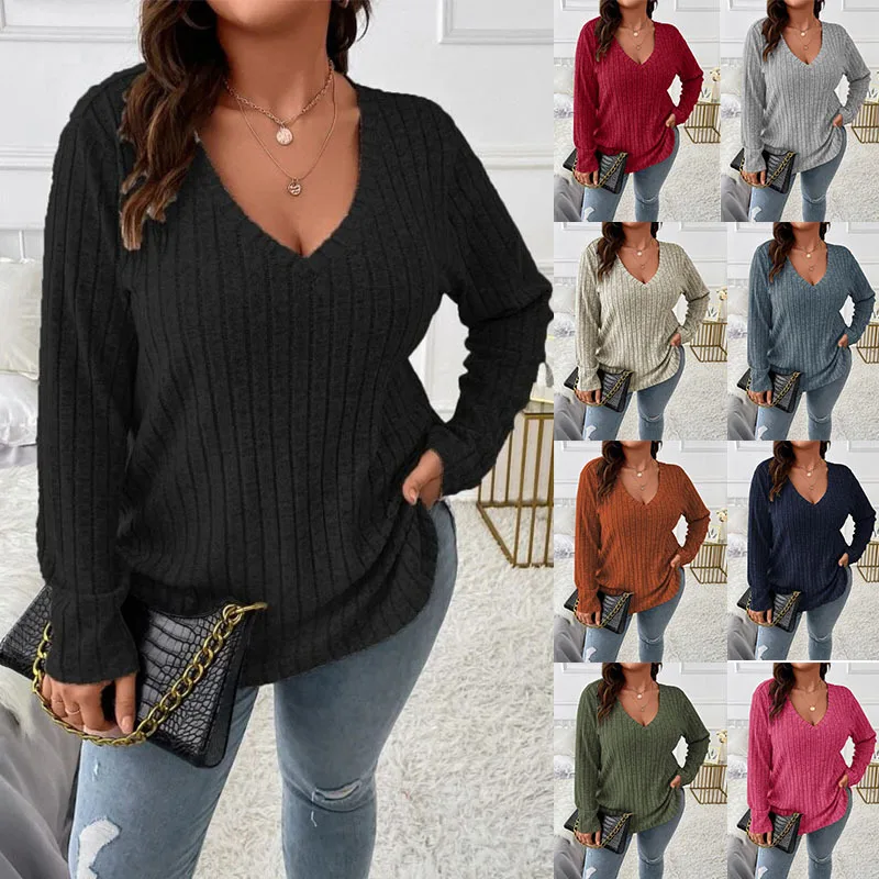 T shirt women 2026 fashion new autumn spring solid color V-neck long-sleeved fringed brushed T-shirt loose tshirt clothing
