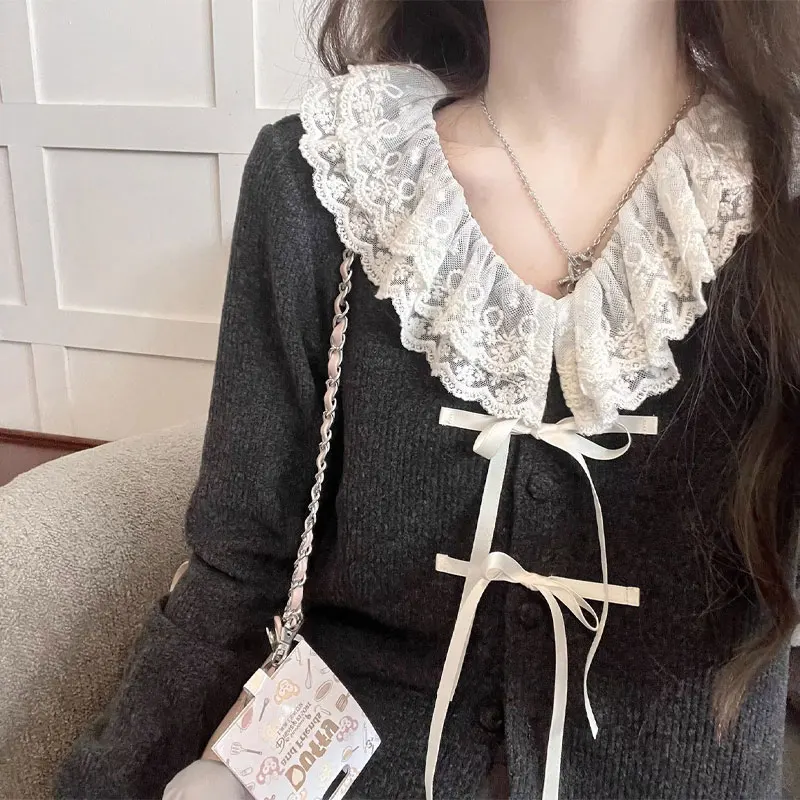 Sweet Bow Lace Spliced Knitted Blouse Female Clothing Ruffled Neck Spring Autumn Long Sleeve Fashion Basic Single-breasted Shirt