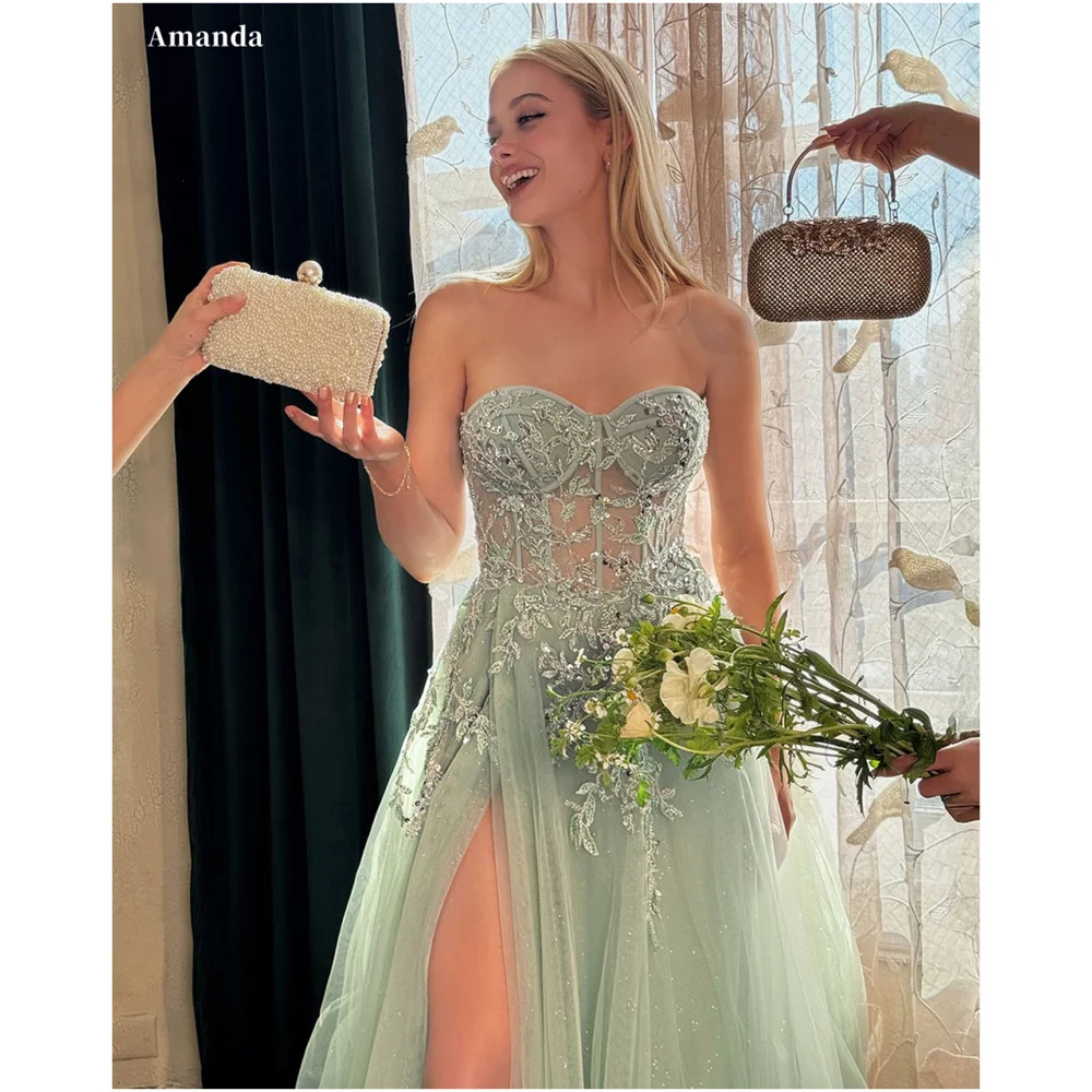 

Amanda Customized Green Strapless Sequinned Appliques Prom Dress Side Split Tulle vestidos de noche A-Line Draped Formal Evening