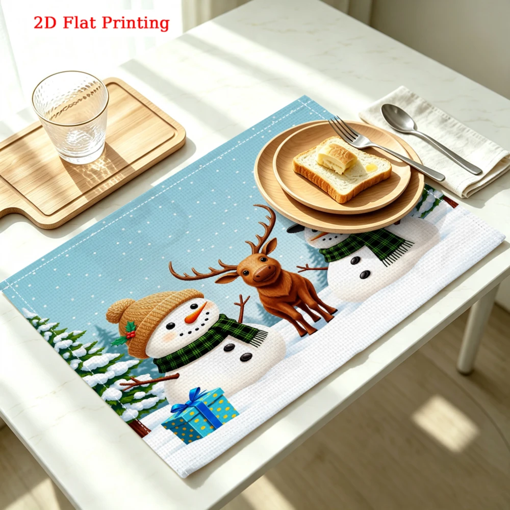 Snowmen Reindeer Snowy Winter Scene Kitchen Placemat Coaster Linen Pad Dish Coffee Cup Table Mat 30x40cm Home Decor