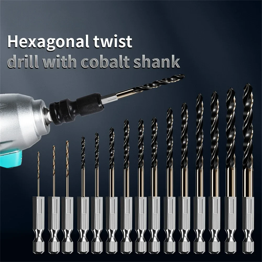 15pcs 1.5-6.5mm Twist Drill Bit Set HSS Cobalt Metal Hole Cutter Core Drilling Double Screw Woodworking Tools Hex Drill Tool