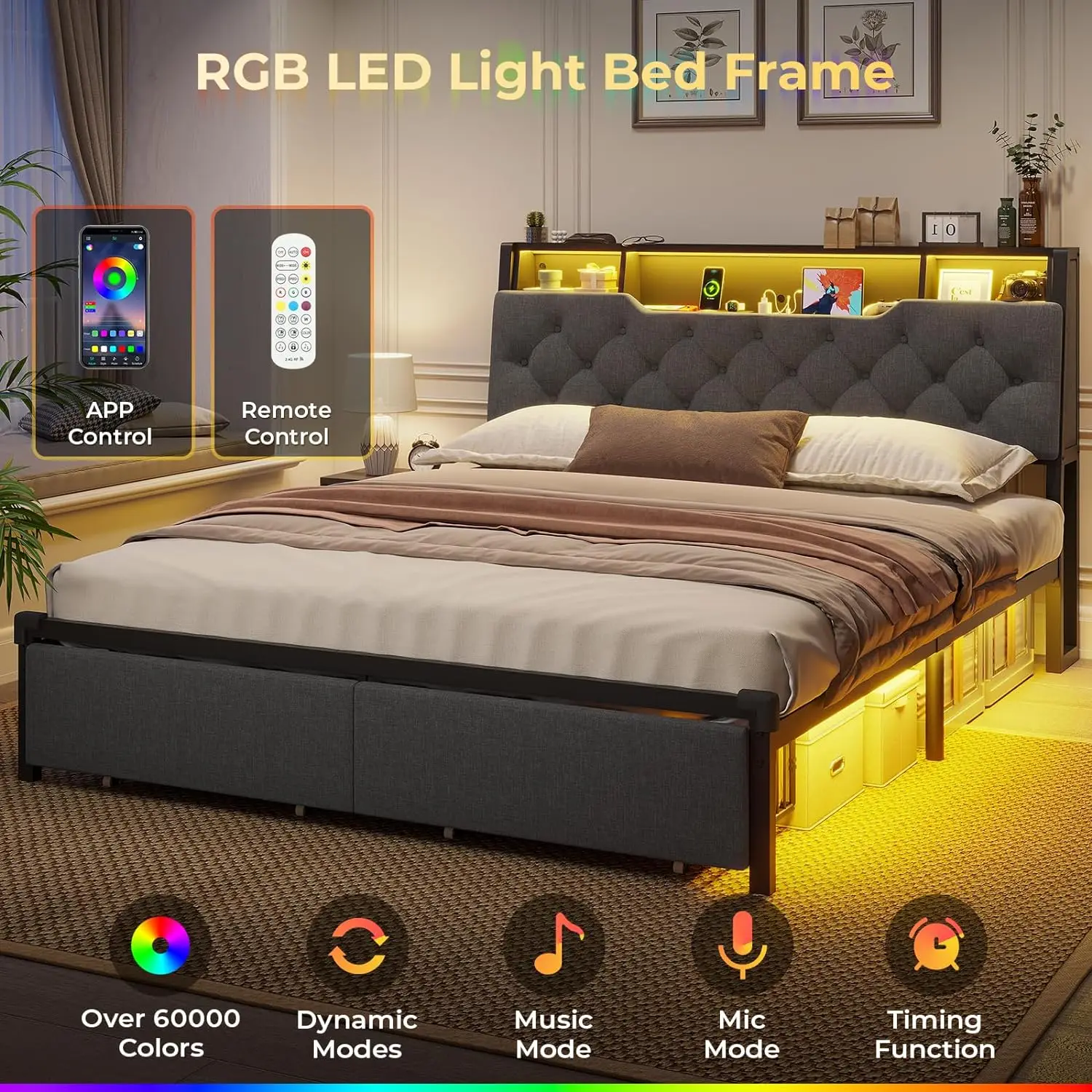 LED Bed Frame com Estação de Carregamento, Armazenamento Cabeceira, 2 Gavetas, Estofados e Metal Plataforma Cama com Luzes