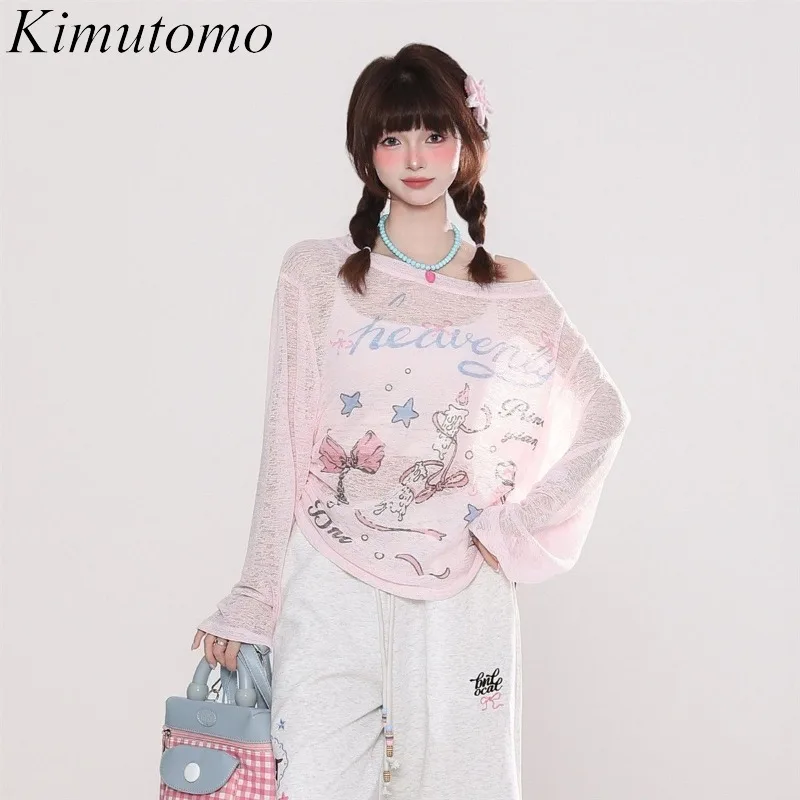 

Kimutomo Women T Shirts Sweet Drawstring Graffiti Printed Off Shoulder Long Sleeve Sweet Autumn Fashion Tops Female Casual Tee