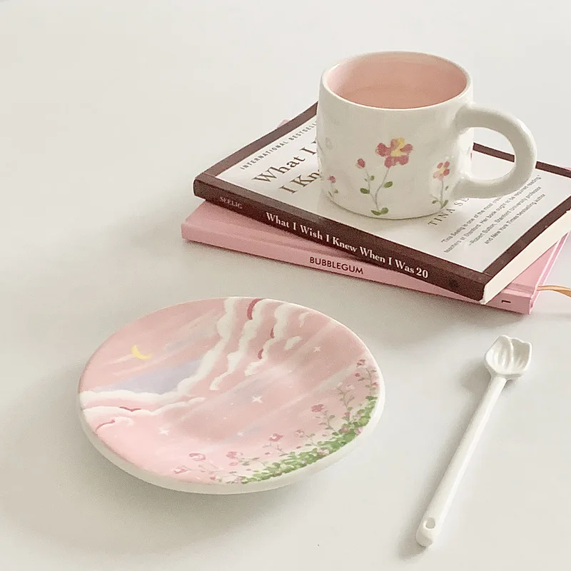 Korean-style Pink Coffee Cup Ins Style Ceramic Cup and Saucer Set Mug Hand-painted Lovely Girl Heart Afternoon Tea Heart Plate