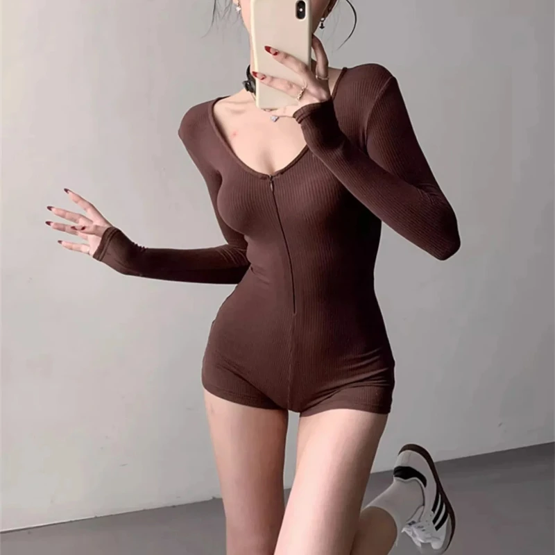 

Spring Autumn High Waisted Sexy Slim Fit Casual Long Sleeved Zipper Exercise Jumpsuit Shorts American Hot Girls Women Clothing