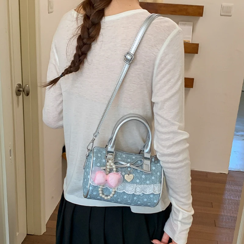Koreanische Polka Dot Bowknot Patchwork Hobo Umhängetasche, Damenhandtasche, vielseitige, leichte, kleine quadratische Tragetasche für den Arbeitsweg – Detail 14