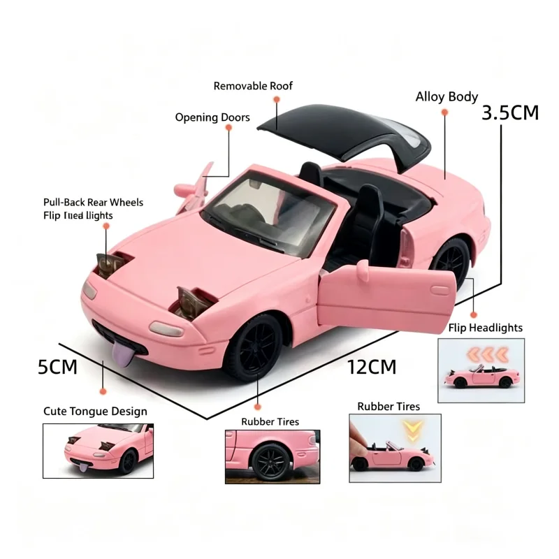 1:36 Scale MX-5 Miata Alloy Toy Car, Whirlwind Alloy Car Model, Can Pop Out Headlights, Can Remove Roof, Can Open Doors, Boy's C
