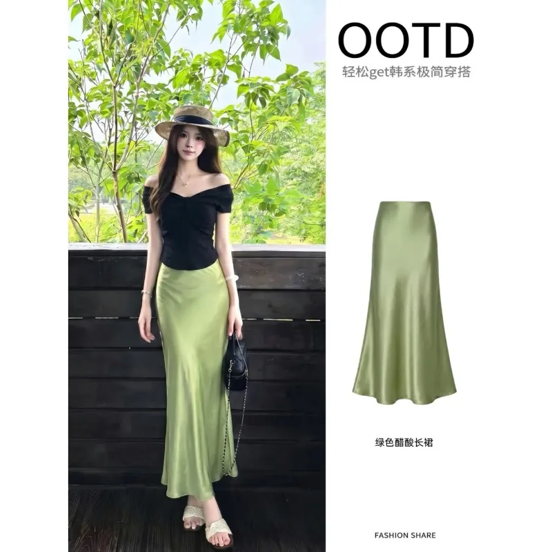 

Women's Off Shoulder Top Satin Mermaid Skirt Two Piece Set Old Money Style Outfit