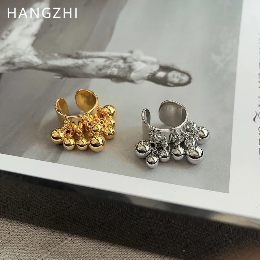 HANGZHI Punk Metal Ball Open Ring for Women Exaggerated Wide Gold Sliver Color Irregular Y2K Vintage Jewelry