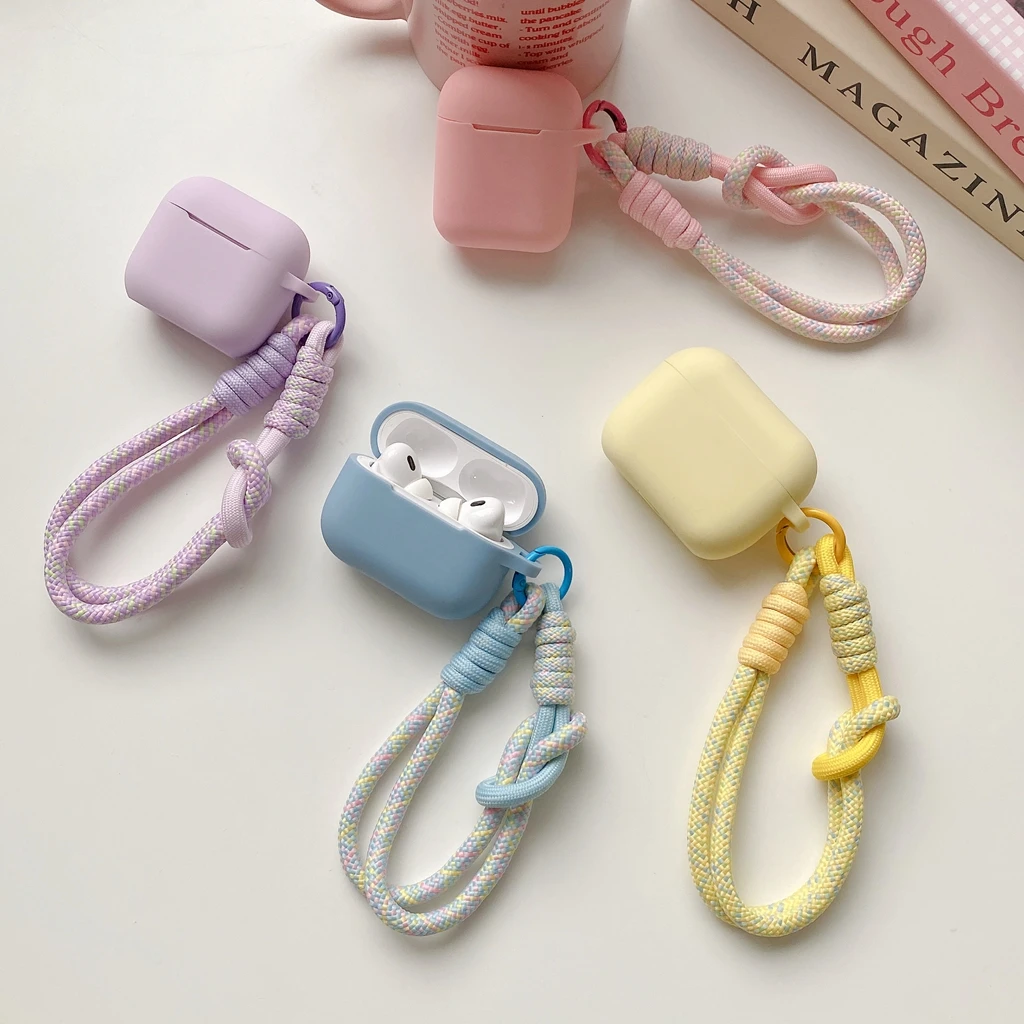 Macaron-Farbserie, weiches Silikon mit geflochtenem Trageband, stoßfestes Kopfhörer-Schutzetui für AirPods 1 oder 2, 3, 4, 5, Pro 2, Pro 3.