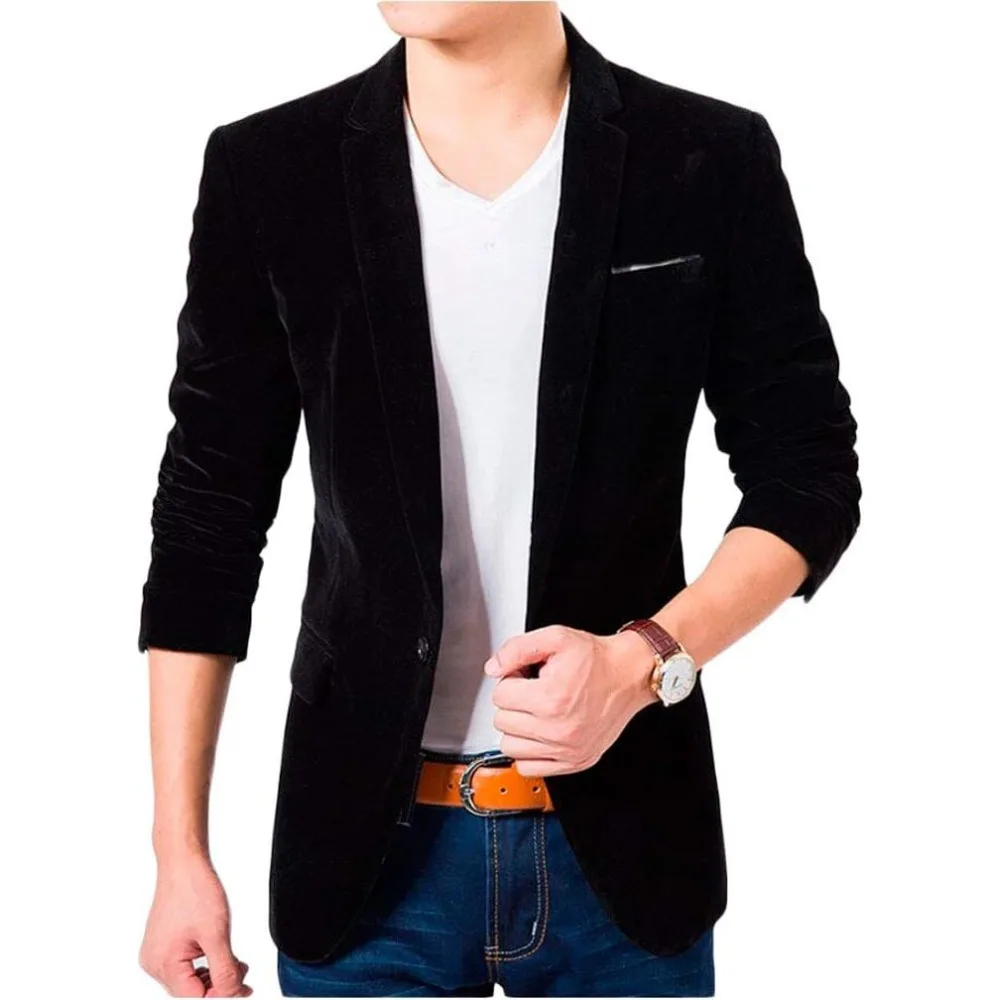 Blazer masculino de veludo azul royal com um botão e lapela de pico, casaco casual slim fit