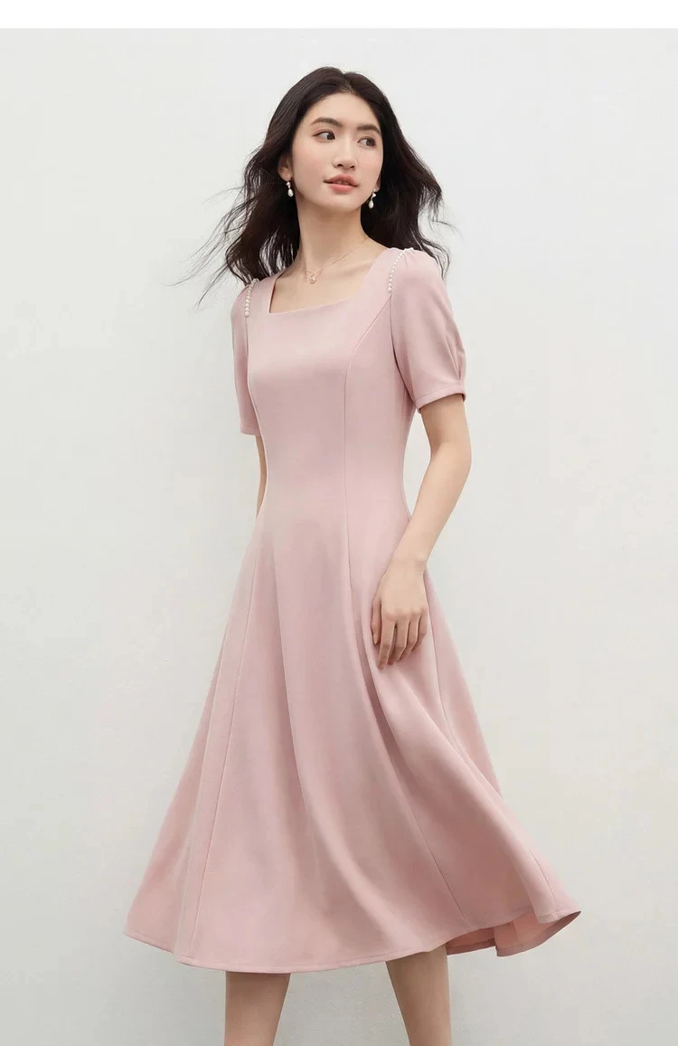 SENTUBILA Damen Einfaches A-Linien-Kleid 2026 Sommer Büro Elegantes Kleid mit Quadratischem Ausschnitt und Perlenketten-Detail Kurzarm Q62LI6575X – Detail 21