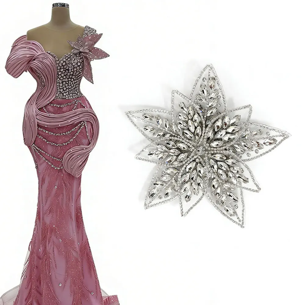 

3d apllique hotfix Luxurious crystal rhinestone flower brooch, bridal gown embellishment, evening gown accessory.