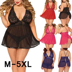 Vendita calda Plus Size donna nero Sexy grande vestito profondo V aperto indietro Lingerie pizzo Babydoll Sleepwear Dress con perizoma intimo