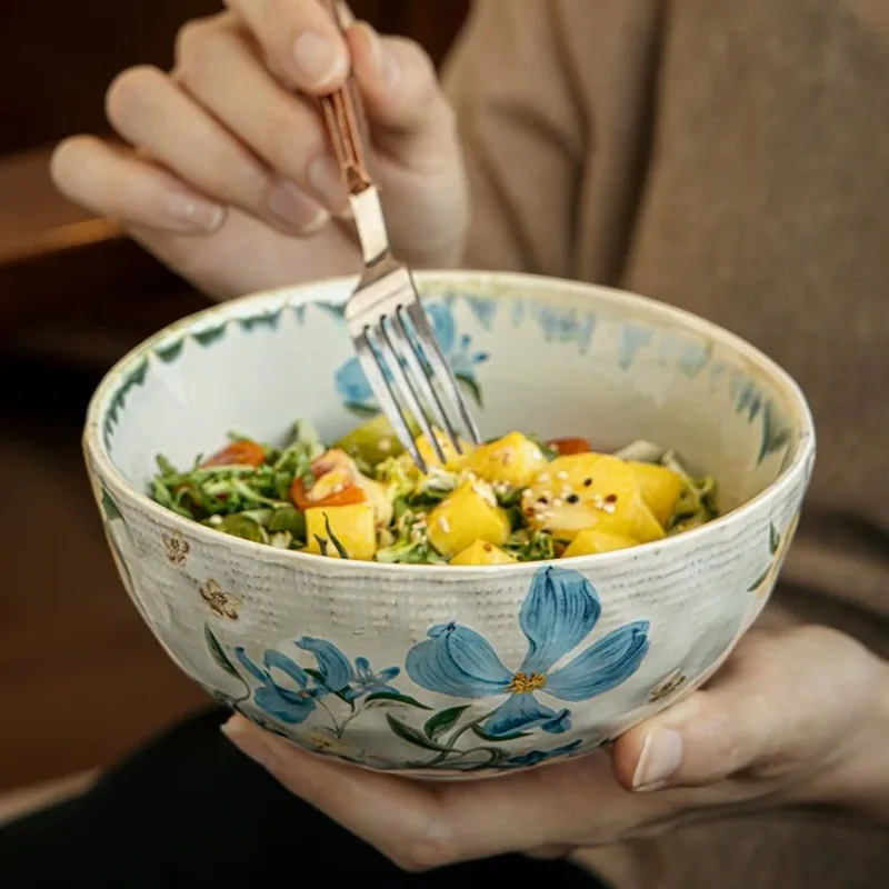 Vintage Brunch Bowl Tableware New Stylish Large Ceramic Breakfast Noodle Salad Soup Bowl Household Kitchen Supplies