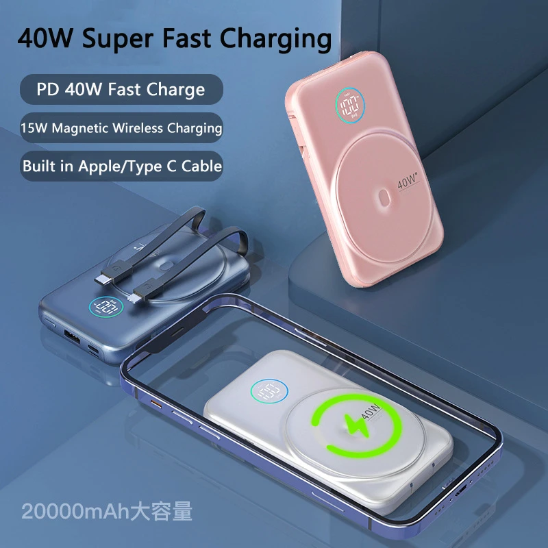 

Portable Mobile Power Bank 40W Wireless Charger Powerbank Built in Cable Digital Display USB Output External Battery For iPhone