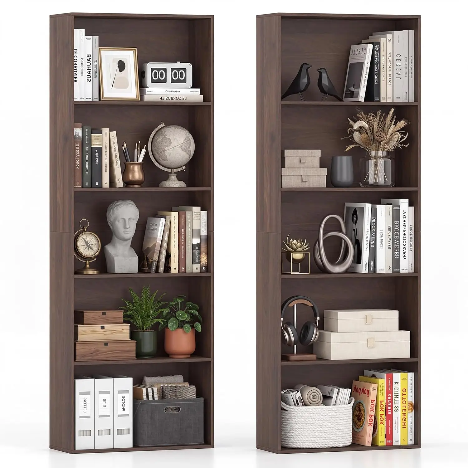 67-inch 5-Tier Freestanding Open Bookshelf Storage Display Rack Office Home Library Dark Walnut, Customized