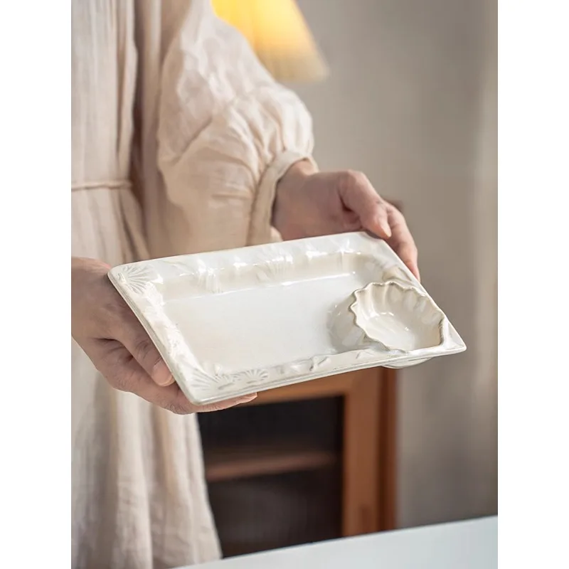 

Retro Relief Shell Plate Rectangular Ceramic Dining Plate Creative Dipping Dish Household Snack Plate