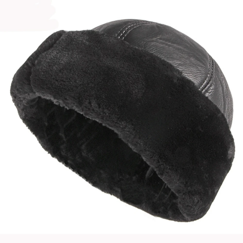 HT4415 High Quality Autumn Winter Cap Hat PU Leather Thick Warm Bomber Hat Solid Black Fleece Lined Russian Cap 6 Panels Fur Hat