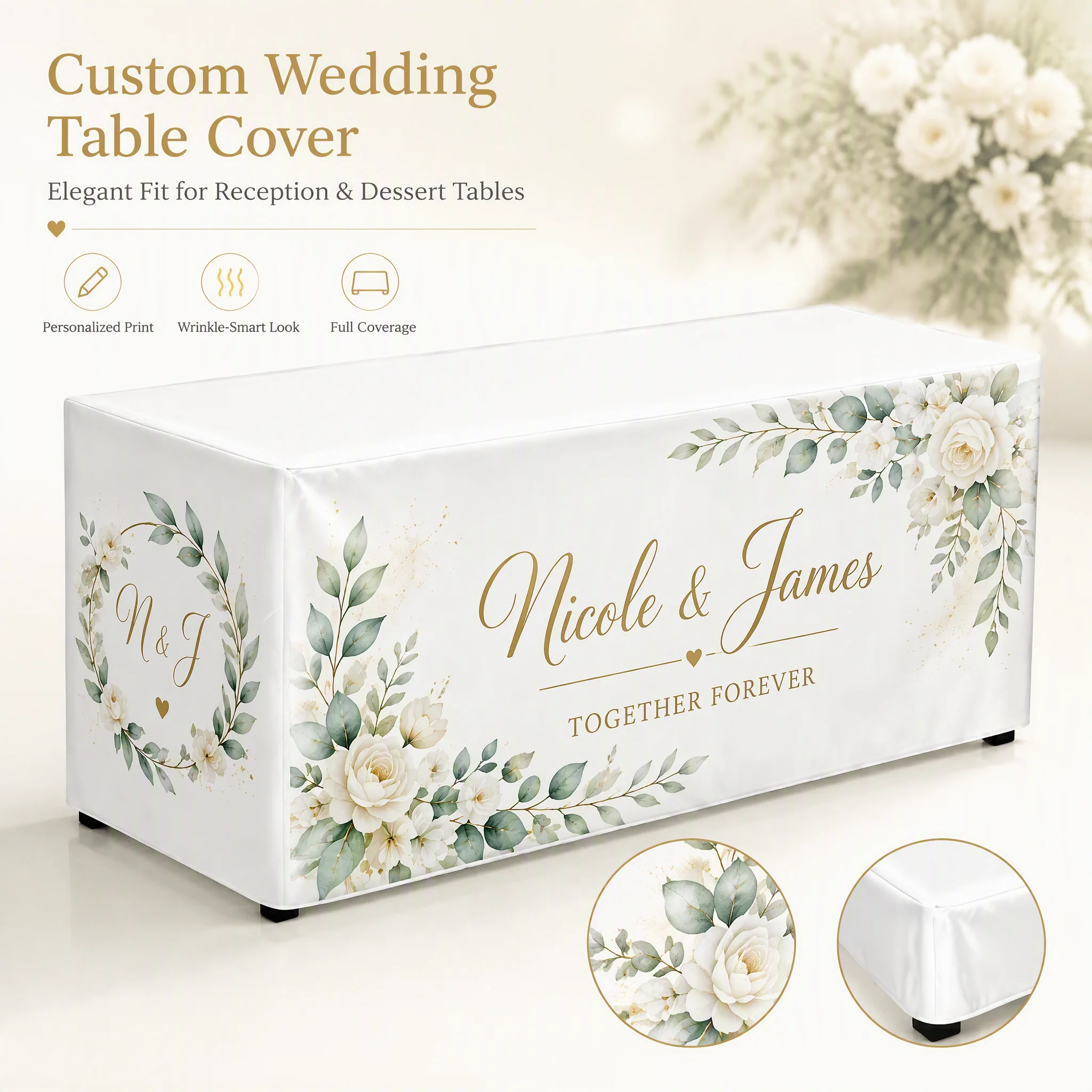Personalized Wedding Table Cover Custom Name Floral Tablecloth Reception Dessert Table Skirt Decoration Party Decor