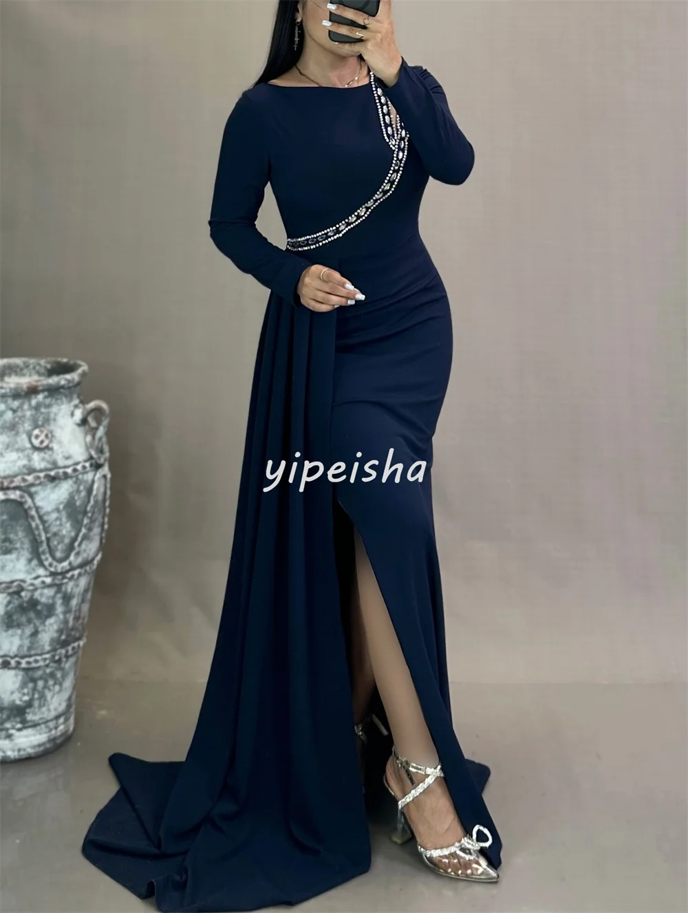 Customized High Quality Classic Jersey Rhinestone Pleat Mermaid Scoop Neck Long Dresses Bespoke Occasion Dresses Matching Sexy