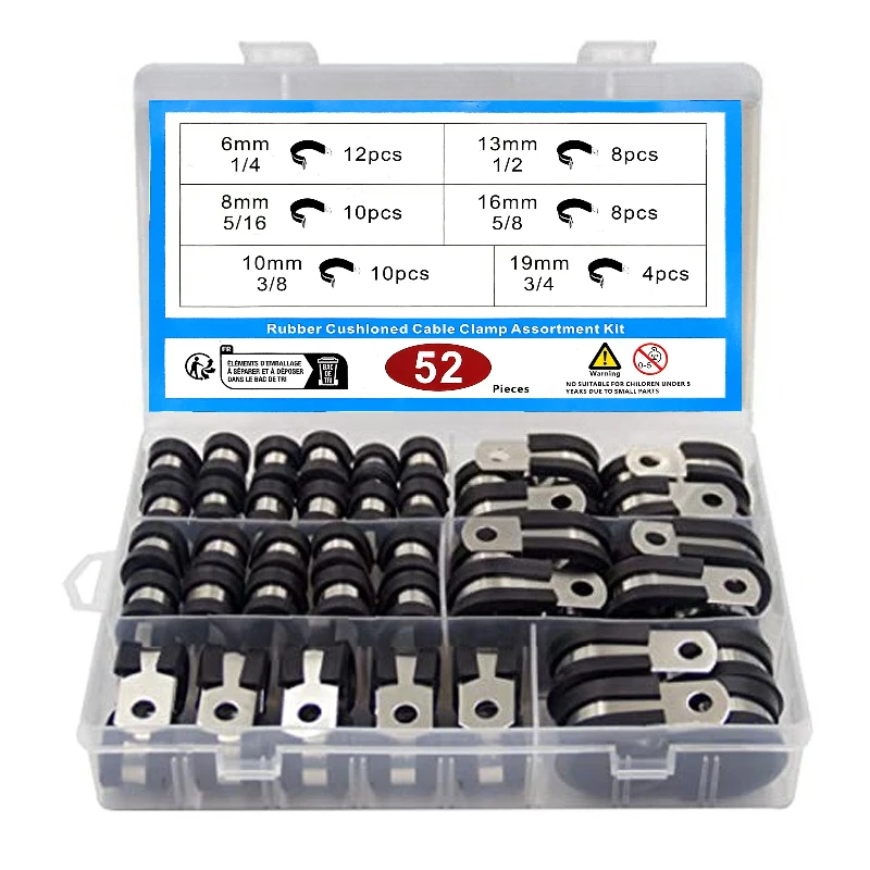 Kit de sortimento de braçadeiras de cabo de 52 peças, braçadeiras de tubo de almofada de borracha de aço inoxidável sortidas em 6 tamanhos 1/4''5/16''3/8''1/2''5/8''3/4''