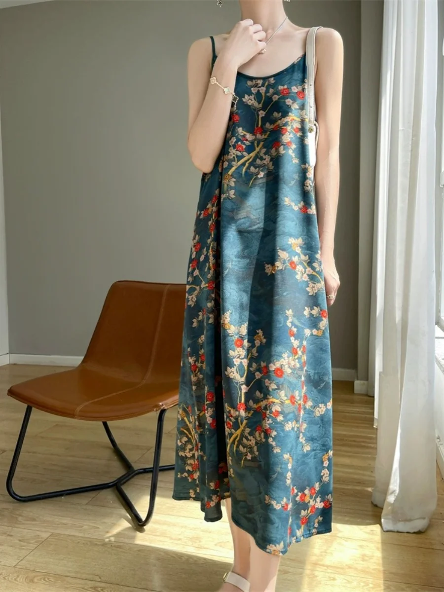 Retro Chinese Sle Floral Print One-oulder Strapl A-Line Dr Summer Bal Commute Casual High Waist Long Skirt