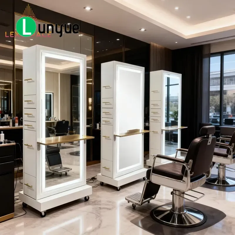 Hair Furniture Standing Mirror Station Movable Barber Stations with LED Lights For Hairdresser Beauty Shop Styling Tool