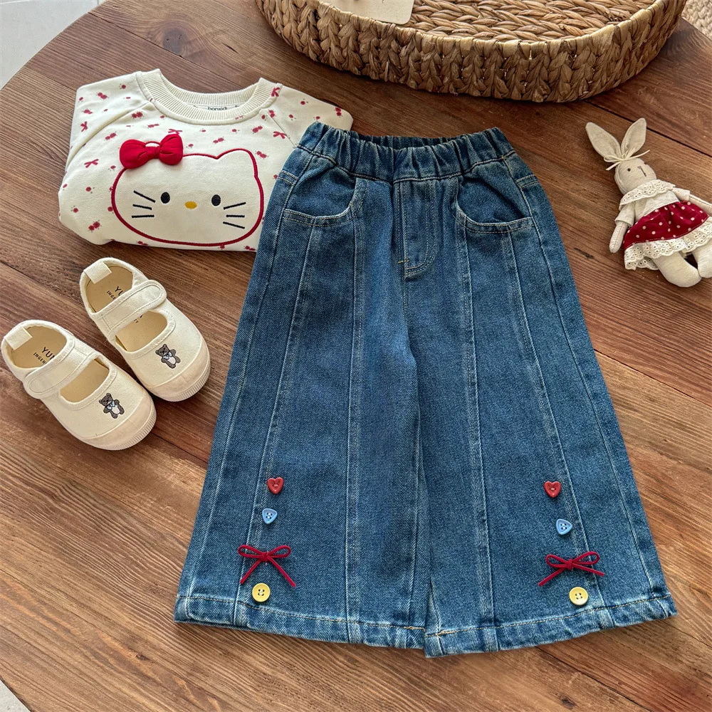

Autumn Baby Girls Denim Pants Button Bow Toddler Girls Trousers Elastic Waist Solid Color Kids Baby Girls Straight-leg Pants