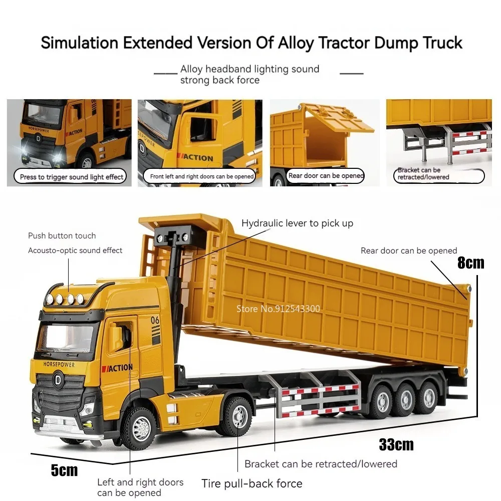 1/50 Extended Dump Truck Model Toy Metal Diecasting Doors Opened Sound Light Pull Back Vehicle Models Ornaments Children\'s Gifts